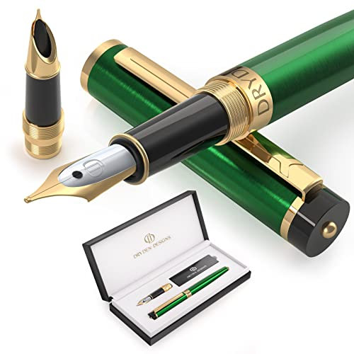 Dryden Designs Fountain Pen - Medium Nib 0.5mm & Fine Nib 0.38mm | Includes Luxury Box, 6 Ink Cartridges - 3 Black 3 Blue and Ink Refill Converter - Emerald Green