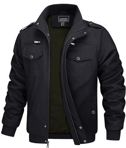 MAGCOMSEN Herren Military Jacke Leicht Übergangsjacke Winddichte Outdoorjacke Herbst Windjacke Baumwolle Fliegerjacke, Schwarz XXL