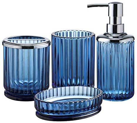 Badezimmer-Zubehör-Set aus schwerem blauem Glas mit dekorativem gepresstem Muster – inklusive Handseifenspender & Becher & Seifenschale & Zahnbürstenhalter (Kobaltblau)