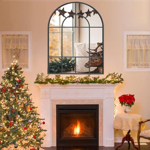 PROHOMEWARE Espejo de pared arqueado de 22 x 32 pulgadas, espejo de pared negro con marco de metal, para entrada, dormitorio, sala de estar, espejo de ventana, espejo colgante, decoración de pared