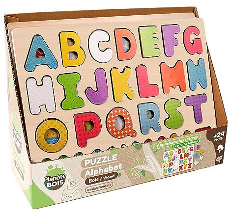 PLANÈTE Bois - Alphabet-Puzzle - FSC - Lernspiel - Erste Überlegungen - 052462A - 26 Teile - Mehrfarbig - Holz - Kinderspiel - Kinderpuzzle - 30 cm x 22,5 cm - Ab 2 Jahren