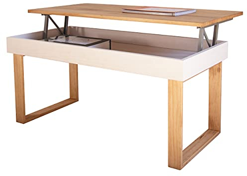 LoMasCasa - Couchtisch Modell Ebro höhenverstellbar aus massivem Kiefernholz natur mit Holzbeinen, weiß und Holz, nordischer Stil, Maße 100 x 50 x 48 cm