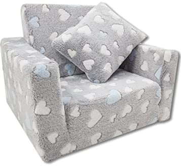 Odolplusz Kindersessel klappbar | Kindersofa Mini-Sessel Kinderstuhl Kuschelsessel | Kindermöbel für Kinderzimmer | (Herzen grau + blau)