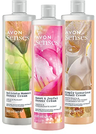 Avon Senses Müge Apfel Weiß Pfirsich Vanille und Freesie Granatapfel Duft Duschgel Paket