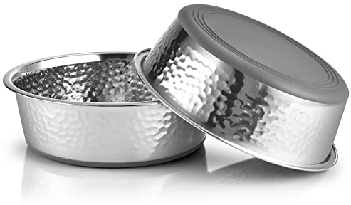 URBUDDIES 2 Pack Hammered Stainless Steel Dog Bowls, Premium Metal Dog Bowls with Non Slip Rubber Bottom, Dishwasher Safe, Easy to Clean, 4 Cup, Gray Bottom