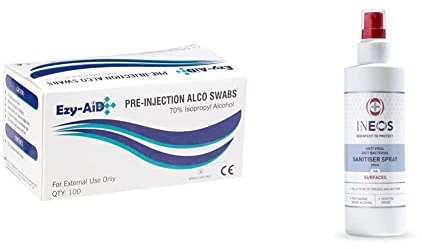 Ezy-Aid 100 Pre Injection Skin Cleansing wipes Swabs & Hospital Grade Sanitiser Spray . Made with 75% pharma grade alcohol. Kills 99.9% of viruses and bacteria, 250ml (Pack of 1)