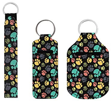 Xoenoiee 3 Stück Reiseflasche Schlüsselanhänger Hand Desinfektionsmittel Halter Set mit Chapstick Halter & Handgelenk Lanyard Schlüsselanhänger, Pfotenabdrücke, One size