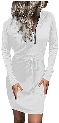 MICKURY Abschlusskleid Hochzeitsgast Manguun Kleider Kleid Mit Lochstickerei Leo Plissee Damen Mode Sexy Kapuzenpullover Kleid Einfarbig Slim Fit Hüftkleid Weiß XXL
