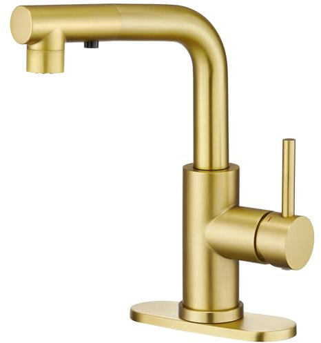 CREA Grifo de Cocina Dorado Con Rociador Extraíble - Mini Grifo de Preparación de Bar y Baño - Una Sola Manija, 3 o 1 Agujero