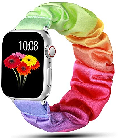 Scrunchie Bracelet de Montre Élastique pour Apple Watch 38mm 40mm 41mm, Bracelet Imprimé pour Femme, Bracelet Souple pour iWatch Séries 8 7 6 5 4 3 SE Ultra, Arc-en-ciel
