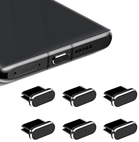 Junsasi 6pcs Aluminum Alloy USB Type C Anti Dust Cap Cover Port Plugs Protector Compatible with Samsung Galaxy S20/S21/S22 Plus Ultra HUAWEI Mate 30 for Most Type-C Smartphones and Tablets (Black)