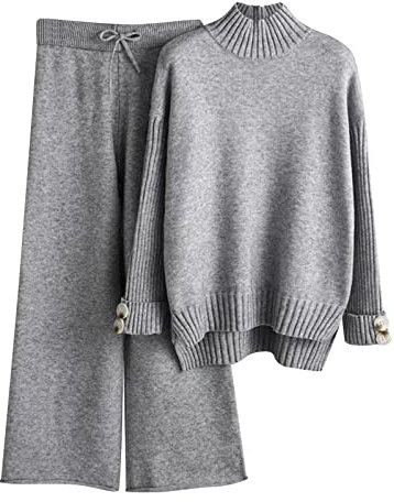 QWUVEDS Damen Strickset Herbst und Winter Strickanzug Stehkragen Pullover Lange Hosen Lose Zweiteiler Sportshirt Damen (Grey, One Size)