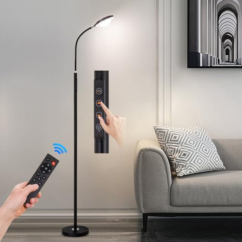 XXEAN Super Bright LED Floor Lamp with Remote,22W Dimmable Standard Standing Lamp for Bedroom,Adjustable 10 Levels Brightness Tall Lamp with Timer,Touch Control Black Floor Lamp for Living Room
