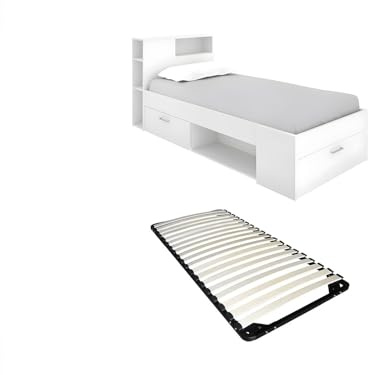 Vente-unique - Bett mit Kopfteil, Stauraum und Schublade - 90 x 190 cm - Weiß + Bettkasten - Leandre