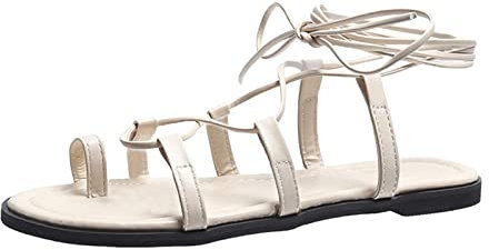 Sandales d'été pour femme en cuir avec sangle fine et bride combinée à bout plat avec sangle de cheville - Sandales habillées Fl, beige, 39 EU