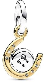 PANDORA Moments Bicolor Drehende Hufeisen-Scheibe Charm-Anhänger aus Sterling Silber mit 14 Karat vergoldeter Metalllegierung, Zirkonia, Kompatibel Moments Armbänder, 762713C01