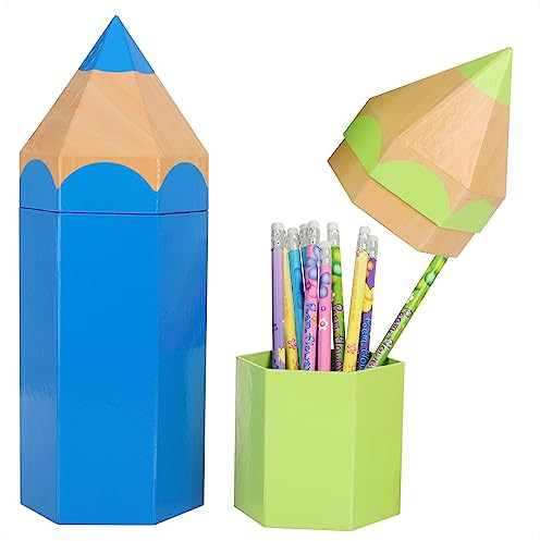 com-four® 2x Geschenktasche, Geschenkverpackung für Schulanfänger, Schultüte in Bleistift-Form, stabile Pappbox für Schulmaterialien zur Einschulung (2 Stück - grün + blau)