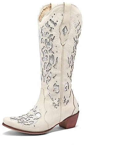 CRETUAO Stivali Cowgirl Alti al Ginocchio Strass Glitterati Donna,Stivali a metà Polpaccio Tacco Grosso a Punta Ricamata,Stivali Cowboy Western con Tacco Basso Casual e Accogliente,Beige,37 EU