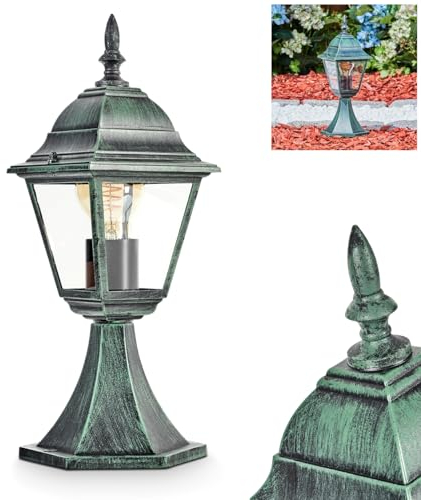 Außenwegeleuchte Naofe, Sockelleuchte aus Metall/Glas in Schwarz-Grün/Klar, Wegeleuchte in antikem Look, 40 cm, Gartenlampe, Gartenbeleuchtung IP44, 1 x E27, ohne Leuchtmittel