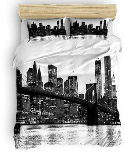 MELABE Schwarz-weiße Brooklyn Bridge Bettbezüge, New Yorker Ansichten Gute Bettbezüge für Jungen und Mädchen, Mikrofaser-Bettwäsche, Bettbezüge mit 2 Kissenbezügen, passend für alle 135 x 200 cm