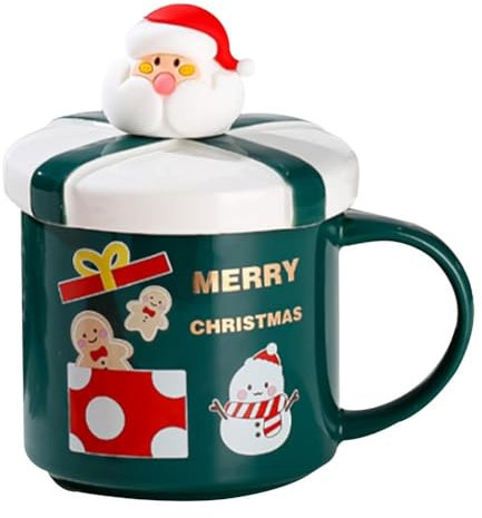 SuperglockT Weihnachtsbecher Weihnachtliche Kaffeetasse mit Deckel und Löffel 400ml Keramik Weihnachtstasse Porzellanbecher Weihnachtsmotiv Trinkbecher Bürotasse Geschenkidee (Schneemann-Muster)