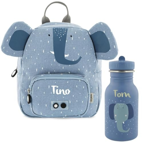 Personalisierter Kinderrucksack mit Namen, Trixie Elefant-Design, Ideal für Kindergarten, Kita, Verstellbare Gurte, Kinderfreundliche Reißverschlüsse, Optional mit Trinkflasche