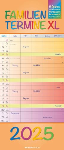 Alpha Edition - Regenbogen 2025 Familienplaner XL, 30x70cm, Familienkalender mit 5 Spalten für Termine, viel Platz für Notizmöglichkeiten, Mondphasen, Ferientermine DE/AT/CH, deutsches Kalendarium