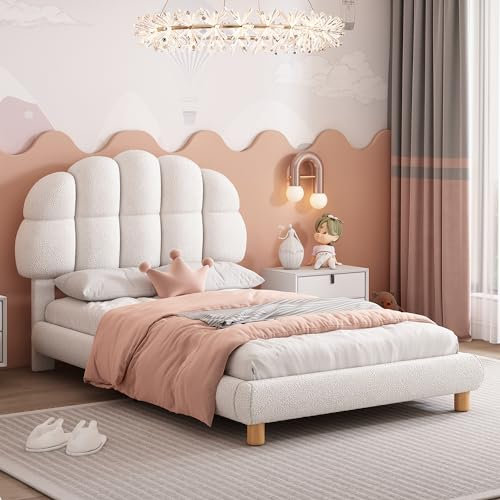Aunvla 90x200cm Einzelbett, Kinderbett, Jugendbett, Polsterbett, Holzlattenrost, Kreisvlies, Weiß
