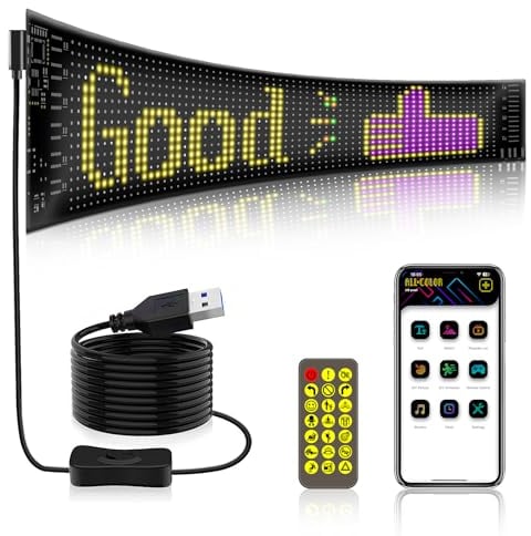 Gemsaya Flexibler LED Anzeigetafel, 37,4 x 9,2 cm LED Laufschrift Programmierbar, Bluetooth Smart App RGB-Panel, Scrolling Personalisiert Leuchtschild Namensschild mit Fernbedienung für Auto