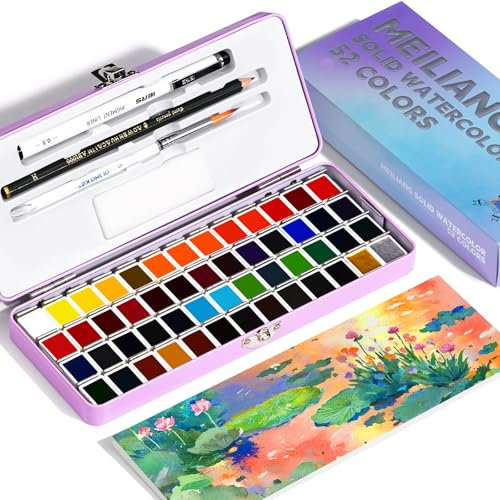 MeiLiang Ensemble Aquarelle de Voyage 52 Couleurs - Kit Complet avec Crayon, Pinceau, Papiers, Éponge et Stylo à Dessin Noir pour Adultes - Étui Violet