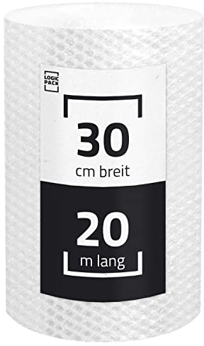 LOGIC PACK Luftpolsterfolie Rolle für Verpackung, Versand und Umzug 20m x 30 cm - Bubble Wrap Verpackunsgmaterial, 100% recyclingfähig, leicht zu schneiden, 2-schichtig 60my
