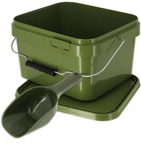 Carp Coarse Fishing 5L Square Airtight Green Bucket Small Baiting Spoon Set