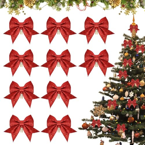 Weihnachtsdekorationsschleifen, 10 Stück rote Weihnachtsbaumschleifen, Pailletten-Schleifen, glitzernde Weihnachtsschleifen, für hängenden Weihnachtsbaum, Dekoration Geschenk (M2)