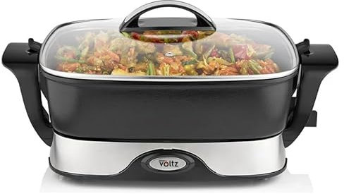 Oliver Voltz Elektrische Bratpfanne, 1650W, 5,5L, 5 Temperaturstufen, Thermostat, Antihaftbeschichtung, Schwarz/Silber