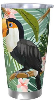 Mexpekil Isolierter Reisebecher, Eiskaffeetasse, Reisebecher, Edelstahl, Smoothie-Tasse, Auto-Kaffeetasse, Palmblattblume, Tukan-Becher mit Deckel, ohne Strohhalm, 590 ml