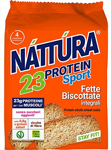 NATTURA PROTEIN SPORT Fette Biscottate Integrali, Fette Integrali Senza Zuccheri Aggiunti, Senza Olio di Palma, Vegane, 23% di Proteine, 4 Confezioni da 30g (Confezione da 6)
