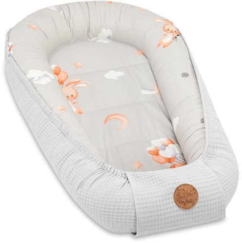 Babynest Neugeborene Nestchen Baby - 90x50 cm Kokon Handmade zweiseitig aus Waffel Piqué Baumwolle Schlummer Kaninchen