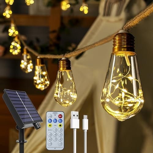 Ollny Solar Lights Outdoor Garden 10m Hemp Rope Festoon Light with Remote, USB Fairy String with 24 S17 Shatterproof Bulbs 240 LEDs 8 Modes, Waterproof Lighting for Outside Gazebo Patio Party Decor
