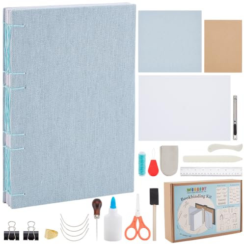 WEBEEDY DIY Langstich Buchbinderei Kit 61 Pcs Hand Buchbindereibedarf Kit Einschließlich Bone Folder,Papier Ahle,Large-Eye Nadeln,Wachsfaden,Leim,Lineal,15X21cm(A5)