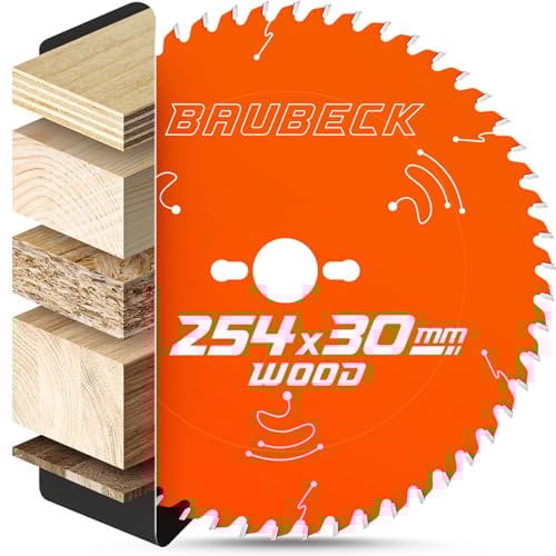 BAUBECK Lame de scie 254 x 30 mm + 25,4 mm bague d'adaptation 2,6 mm coupe dans le bois, 54 dents pour scies circulaires de table et radiales, comme Metabo KGS 254 M, Bosch GTS 10 XC, PTS 10, lame de