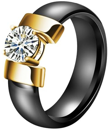 Skcess Damen Ringe Herren, 6MM Edelstahl Keramikringe mit Rundem Zirkonia Eingelegt Verlobungsringe Schwarz Weiß für Unisex