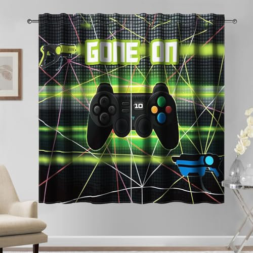 Kzzfqxb 117x138cm Gamepad Vorhänge 2 Paneele, Spiel Esports Schwarz Grün Bedienungshandgriffe Schießspiel Bedruckte Drape Vorhang für Jungen Teenager, Wohnzimmer Schlafzimmer Fenster Dekoration