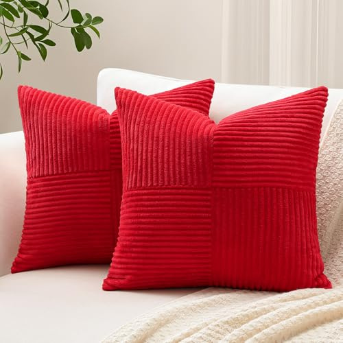 Sungeek 2er Set Cord Kissenbezüge, Kreuz Streifen Muster Kordsamt Kissenbezug Sofakissen Dekokissen Patchwork Design Deko Zierkissenbezüge Kissenhülle für Wohnzimmer (40x40cm, Rot)