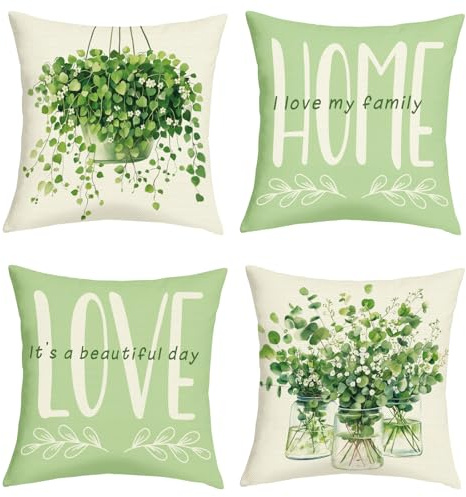 Joymaison Kissenbezüge 45x45 4er Set Sommer Grün Blätter Deko Kissenhülle | Deko Kissenhülle Frühling Sommer Bauernhaus Grün Pflanzen Blätter Dekorative Kissenbezug Kissen für Couch Sofa