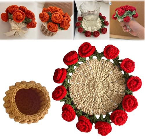 Flower Bouquet Blanket Coasters, Tabletop Potted Flowers, Mini Handmade Crochet Rose Romantic Knitted Gift for Girls Mom for Birthday, Anniversary, Valentines,Red