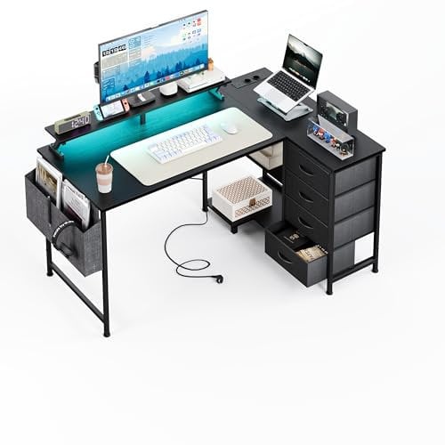 CAIYUN Scrivania angolare con 4 cassetti in tessuto, 120 x 90 cm, a forma di L, reversibile, con porta di ricarica USB e presa, scrivania a forma di L con ripiano per monitor per ufficio, colore nero