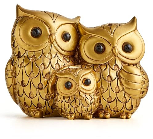 Gold Eule Familie Statue Deko Niedliche Eule Figur Tisch Regal Dekor Akzente, Moderner Vogel Skulptur für Haus Wohnzimmer TV Stand Büro Bücherregal (Gold-C)
