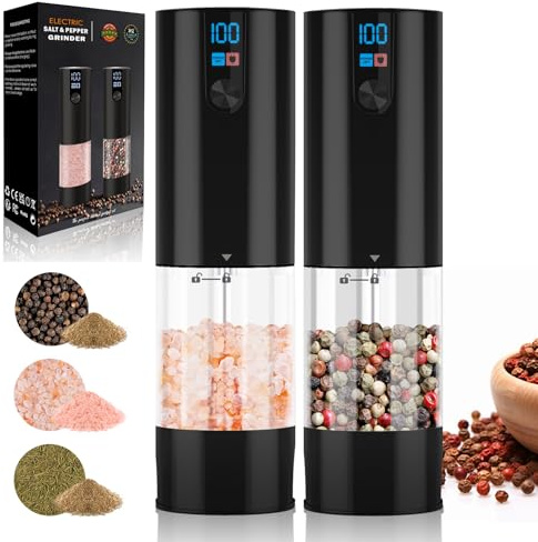Elektrische Salz- und Pfeffermühle Set, USB Wiederaufladbar, Automatische Salz Pfeffermühle Mahlwerk Einstellbare Grobheit mit LED-Anzeige, 120ml Behälter, Ein-Knopf-Steuerung, Geeignet für Küche