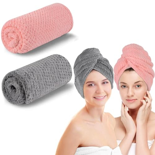 KinHwa Haarturban Turban Handtuch Mit Knopf 2 StüCk Super SaugfäHig Schnell Trocknend Mikrofaser Turban Harre Haar Handtuch Lange Haare Locken Kopf HandtüCher（rosa+grau）