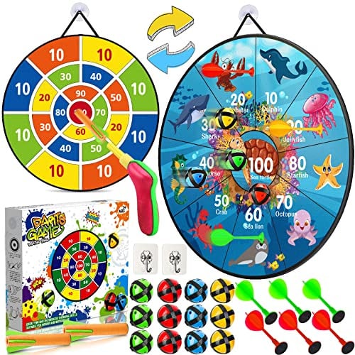 MOOING Dartscheibe Kinder, 66cm Klett Dartscheibe Faltbares mit 12 Klebrigen Bällen, Doppelseitige Dartscheibe, Wurfscheibe Kinder Geschenke Spielzeug ab 3 Jahre